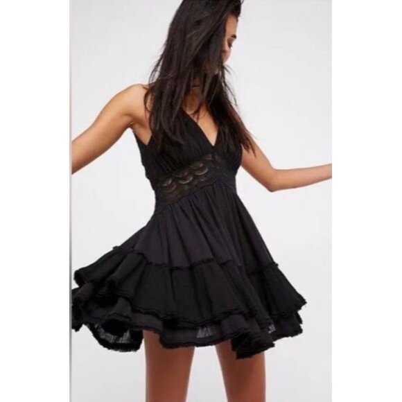 Free People Dresses & Skirts - RARE Free People Black Bohemian Crochet Lace Trim Tiered Ruffle Hem Mini Dress